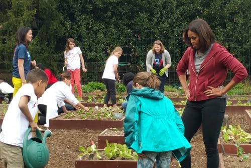 First lady Michelle Obama joins students from across the nation to plant the White House Kitchen Garden on April 15, 2015 (photo credit: Jerome Dorn)