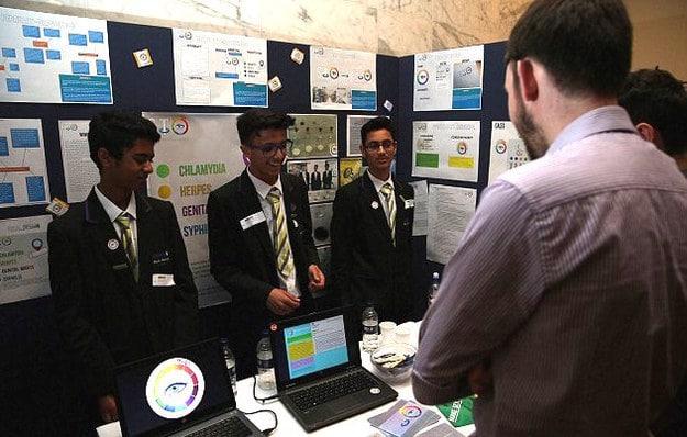 Students Musaz Nawaz, Daanyaal Ali and Chirag Shah (shown left to right) came up with the idea for the S.T.EYE condom that glows in different colors when it detects a STD