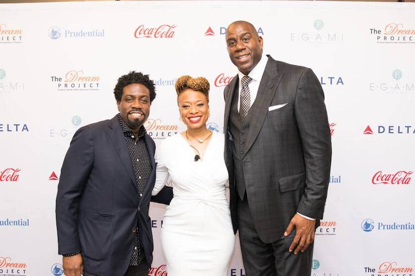 Left to Right: Mike Warner (COO, EGAMI Group), Teneshia J. Warner (Founder & CEO of EGAMI Group, and Earvin "Magic" Johnson (CEO of Magic Johnson Enterprises) at The Dream Project Symposium (photo credit: Jasmine Alston)