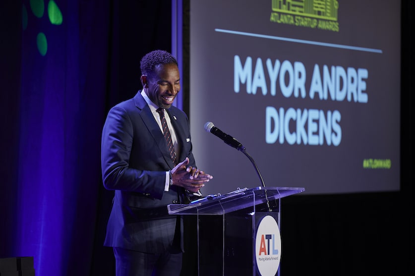 Atlanta Mayor Andre Dickens on stage at the Atlanta Startup Awards at Monday Night Garage on October 5, 2023