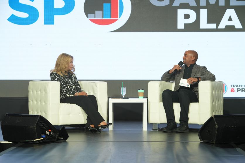 Janice Bryant Howroyd speaking to Lamar Tyler at a fireside chat at TSP Game Plan on January 24, 2025. (photo courtesy of Traffic, Sales and Profit