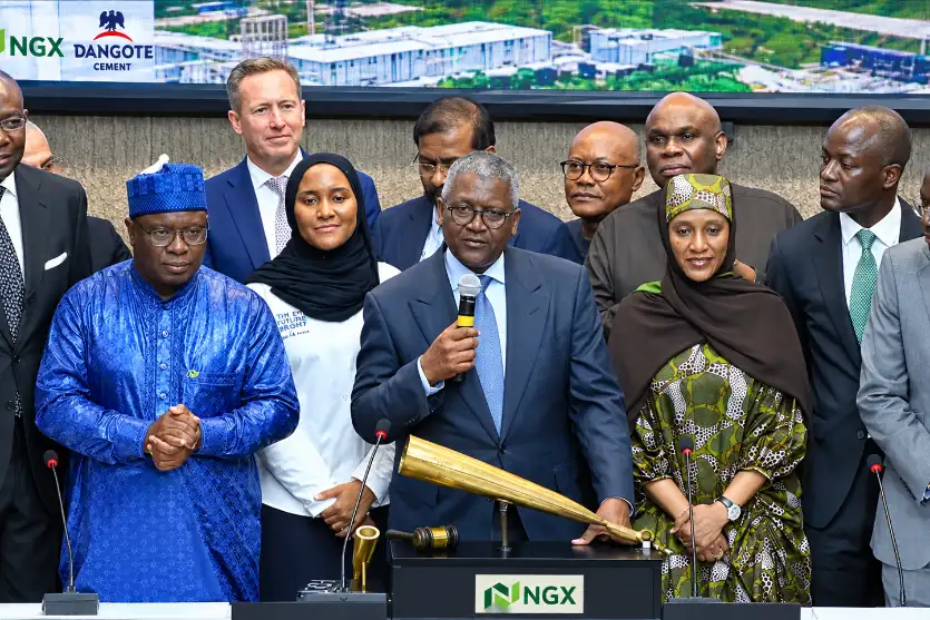 Aliko Dangote speaks during the launch of the Dangote Refinery IPO at the Nigerian Exchange in Lagos.